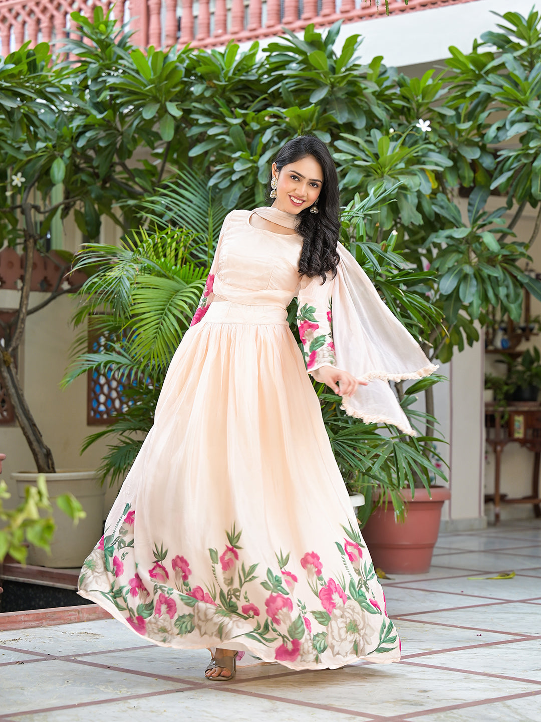 Peach Floral Print Lehenga Choli With Dupatta