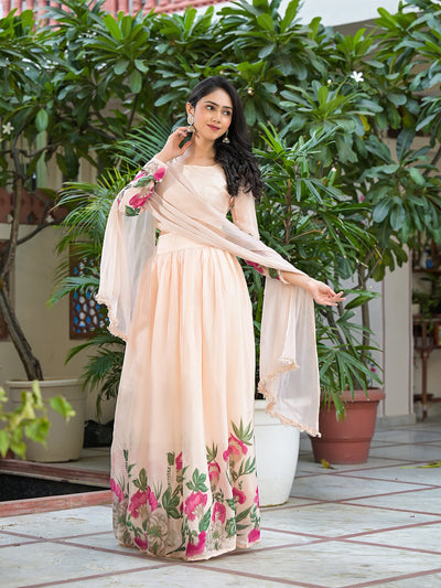 Peach Floral Print Lehenga Choli With Dupatta