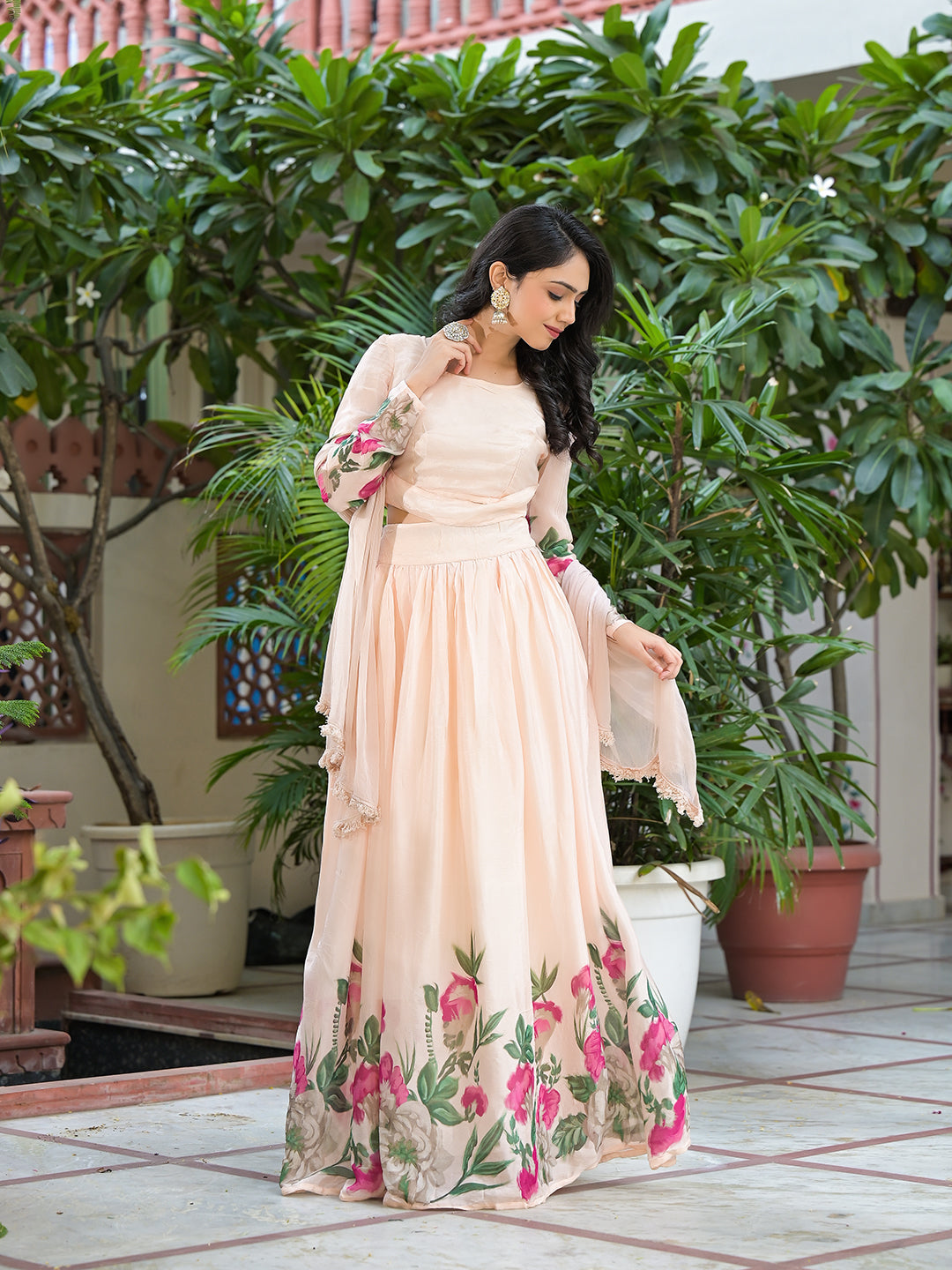 Peach Floral Print Lehenga Choli With Dupatta