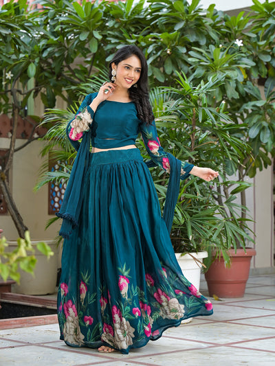 Indigo Blue Floral Print Lehenga Choli With Dupatta