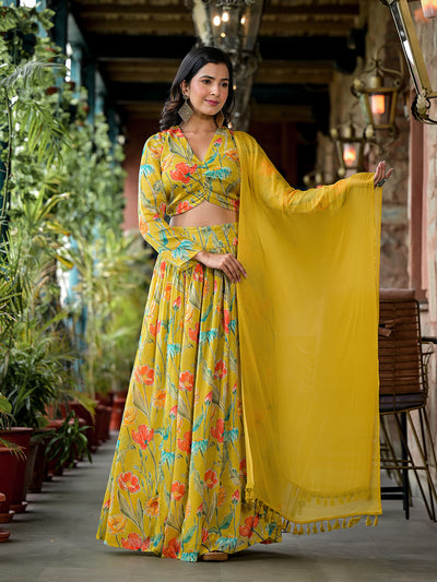 Mustard Floral Print Chinnon Lehenga Choli With Dupatta