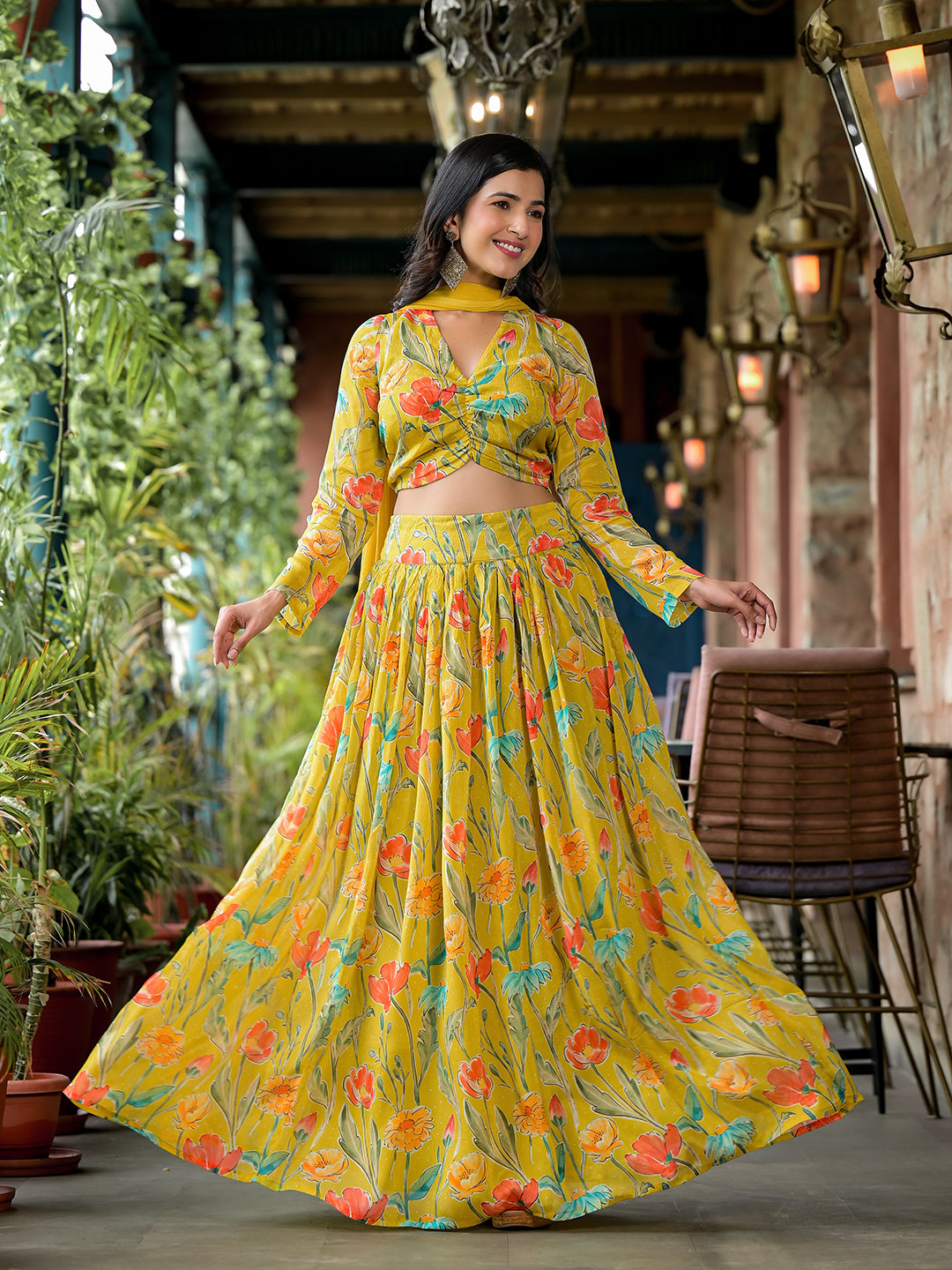 Mustard Floral Print Chinnon Lehenga Choli With Dupatta