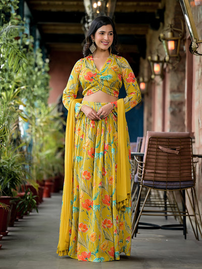 Mustard Floral Print Chinnon Lehenga Choli With Dupatta