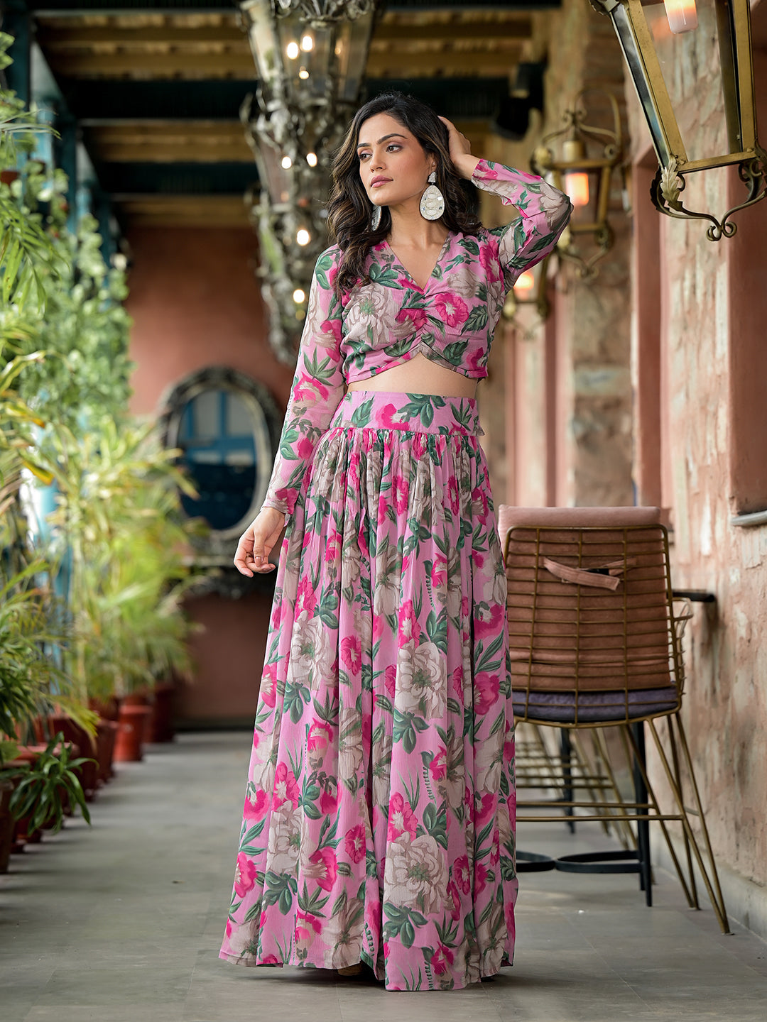 Blush Pink Floral Print Chinnon Lehenga Choli With Dupatta