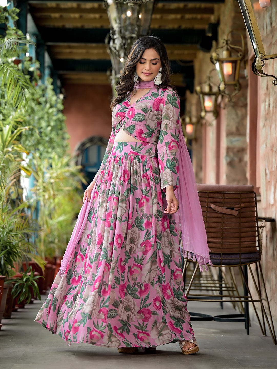 Blush Pink Floral Print Chinnon Lehenga Choli With Dupatta