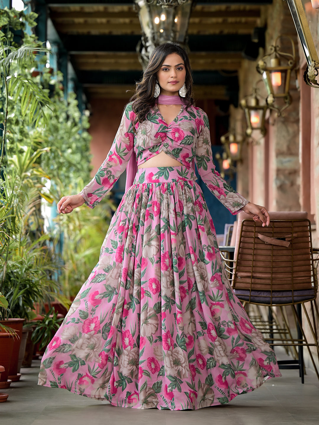 Blush Pink Floral Print Chinnon Lehenga Choli With Dupatta