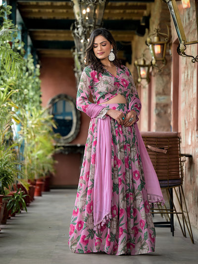 Blush Pink Floral Print Chinnon Lehenga Choli With Dupatta