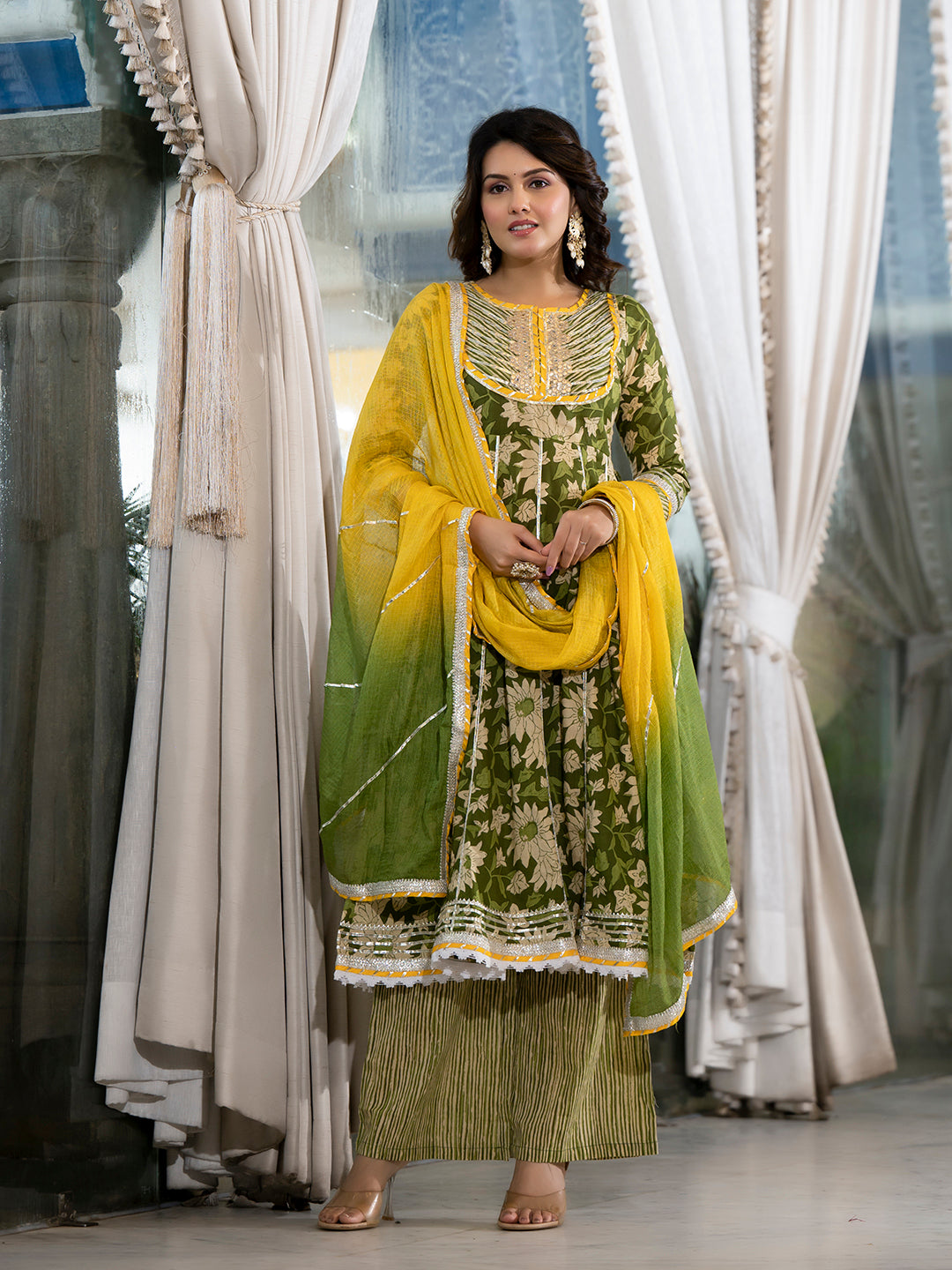 Green Anarkali with Mustard Dyed Dupatta