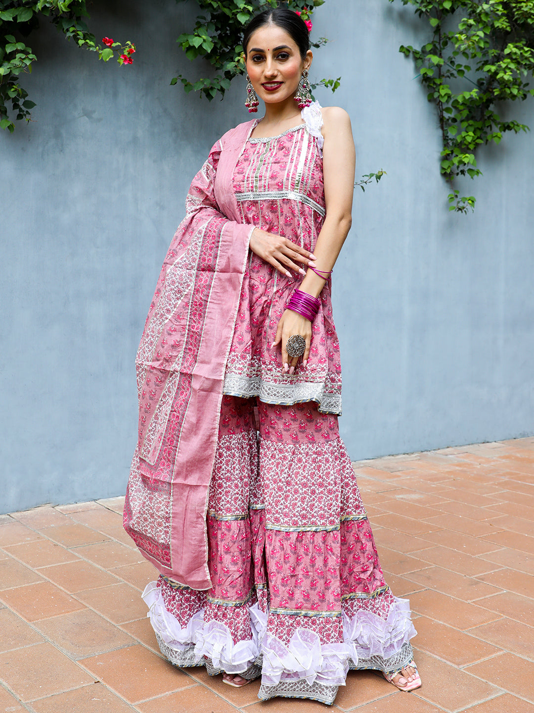 Pink Floral Print Kurta Sharara With Dupatta