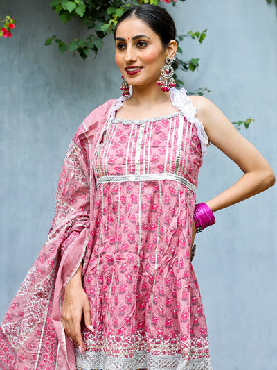 Pink Floral Print Kurta Sharara With Dupatta