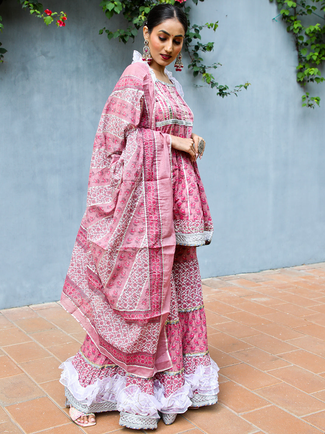 Pink Floral Print Kurta Sharara With Dupatta