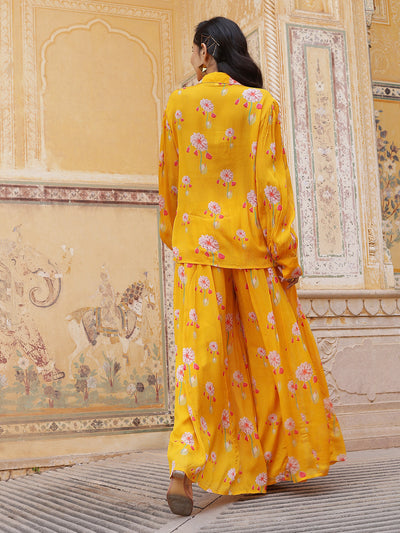 Yellow Floral Print Shirt With Palazzo