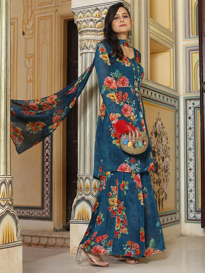 Navy Blue Floral Print Nyra-Cut Kurta Sharara With Dupatta