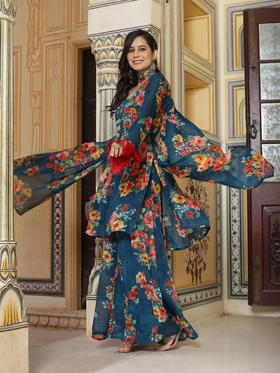 Navy Blue Floral Print Nyra-Cut Kurta Sharara With Dupatta