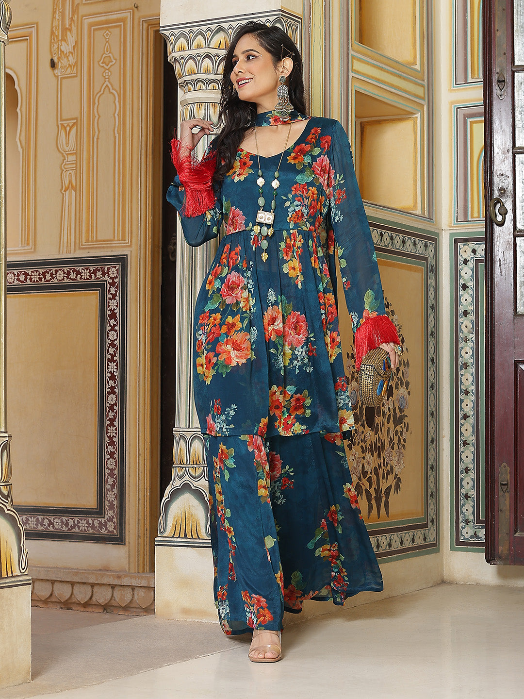 Navy Blue Floral Print Nyra-Cut Kurta Sharara With Dupatta