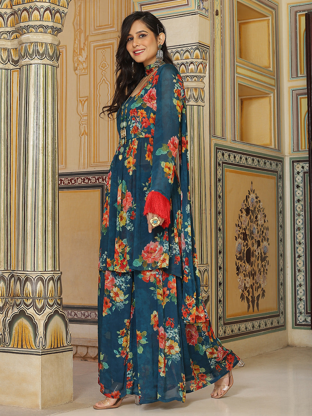 Navy Blue Floral Print Nyra-Cut Kurta Sharara With Dupatta