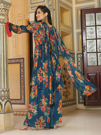 Navy Blue Floral Print Nyra-Cut Kurta Sharara With Dupatta