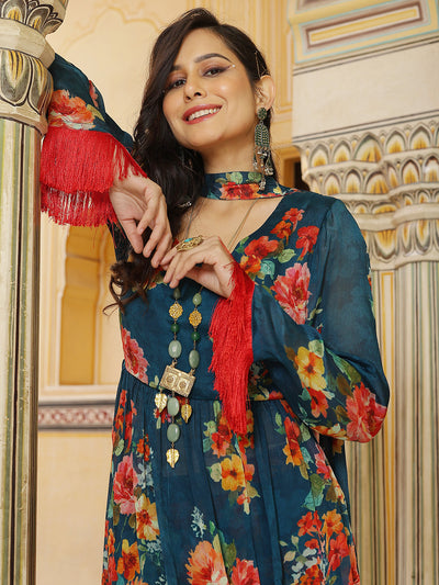 Navy Blue Floral Print Nyra-Cut Kurta Sharara With Dupatta