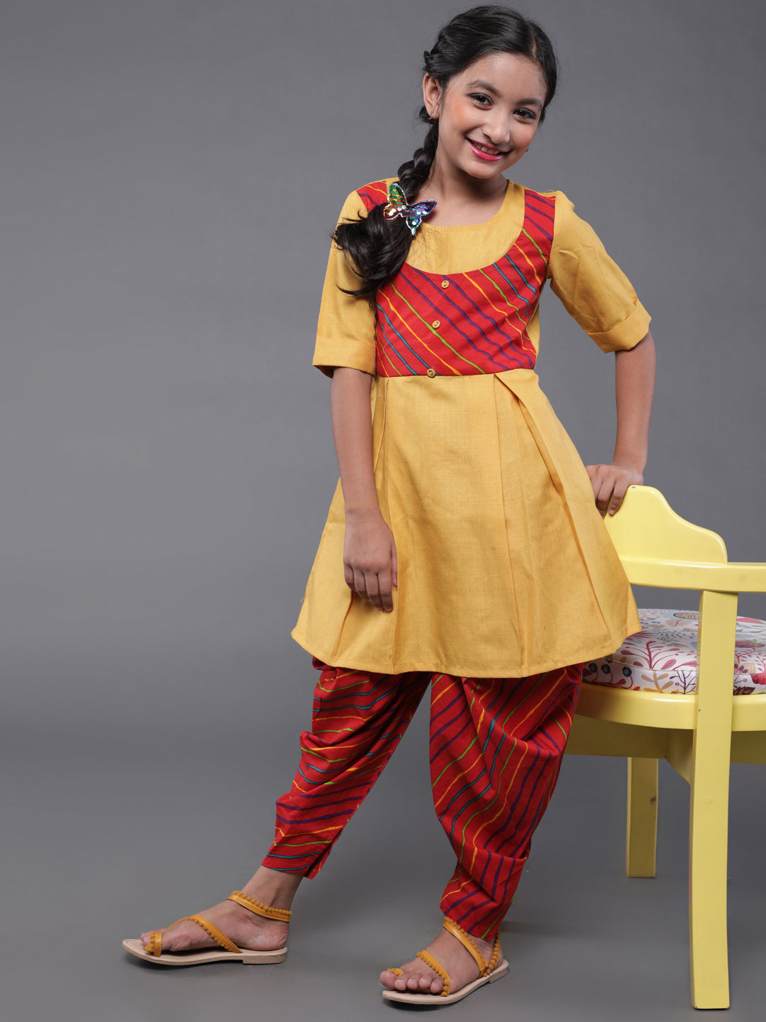 Yellow & Red Leheriya Print Kurta With Dhoti Pant