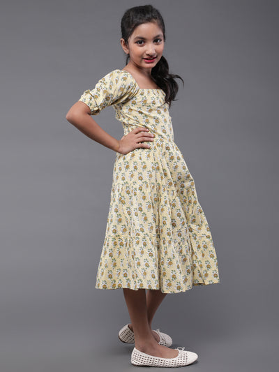 Yellow Floral Print Tiered Dress