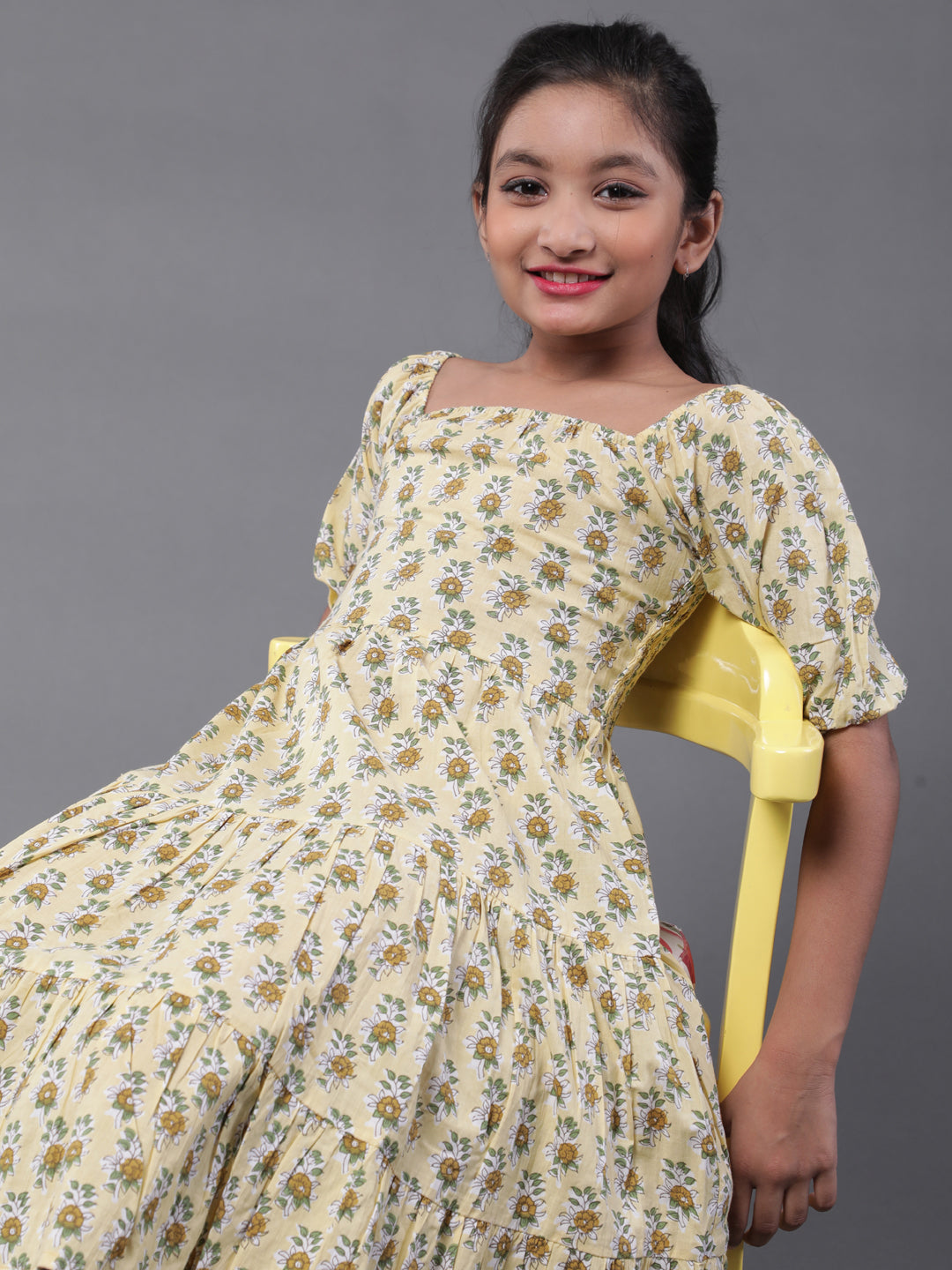 Yellow Floral Print Tiered Dress