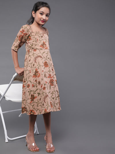 Brown Floral Print A-Line Dress