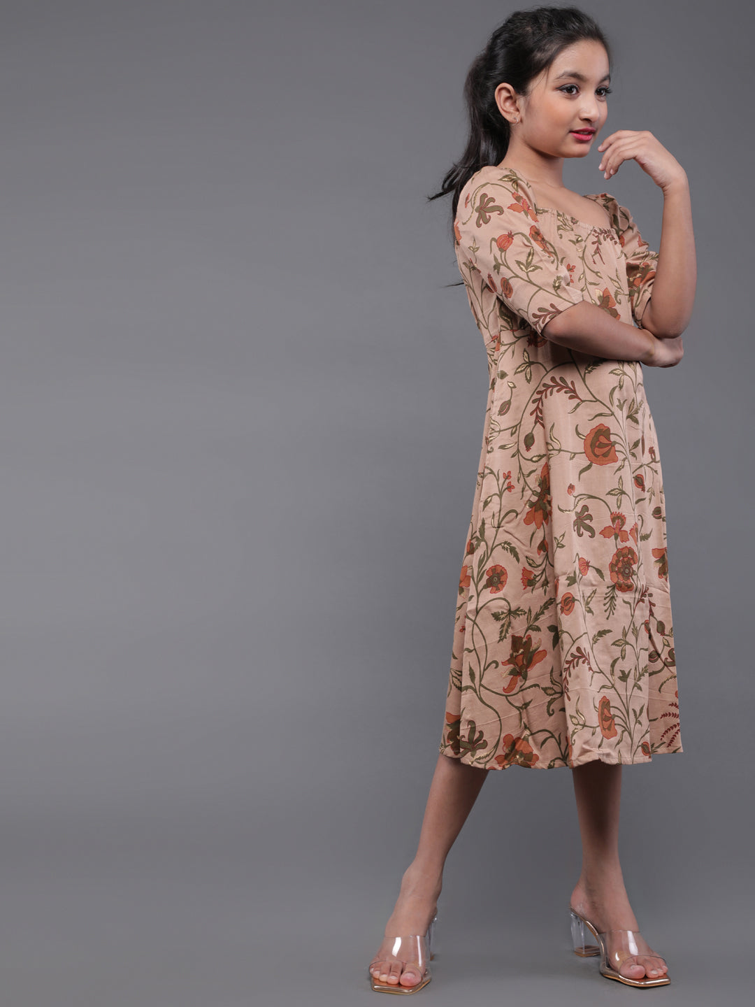 Brown Floral Print A-Line Dress