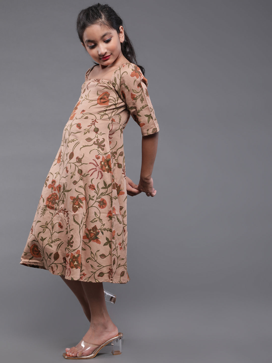 Brown Floral Print A-Line Dress