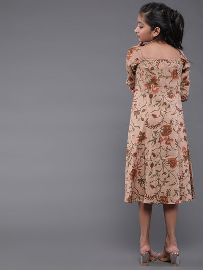 Brown Floral Print A-Line Dress