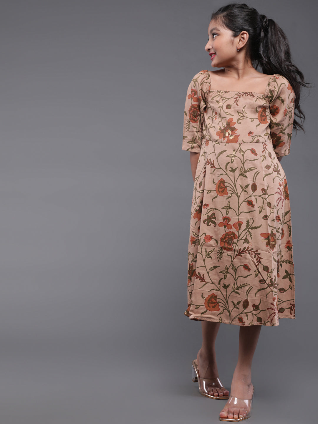 Brown Floral Print A-Line Dress