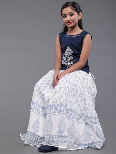 White & Blue Block Printed Skirt With Embroidered Top