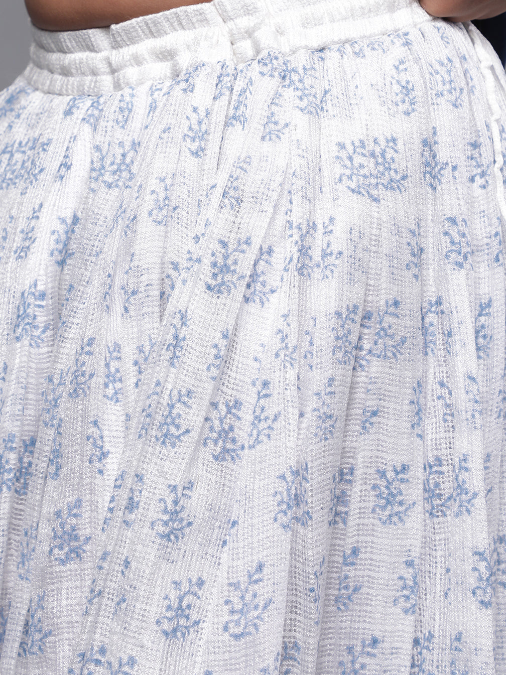 White & Blue Block Printed Skirt With Embroidered Top