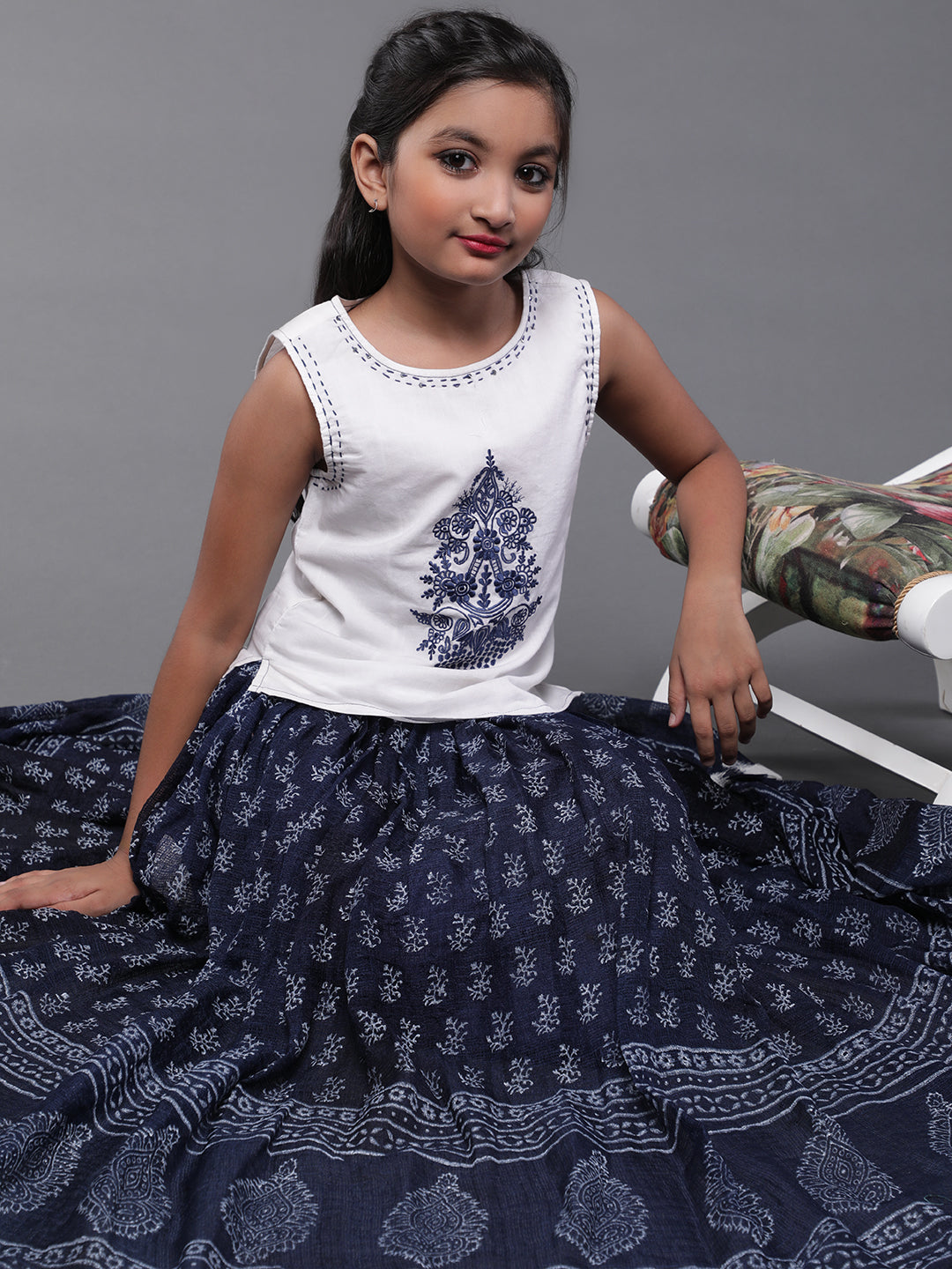 Blue & White Block Printed Skirt With Embroidered Top