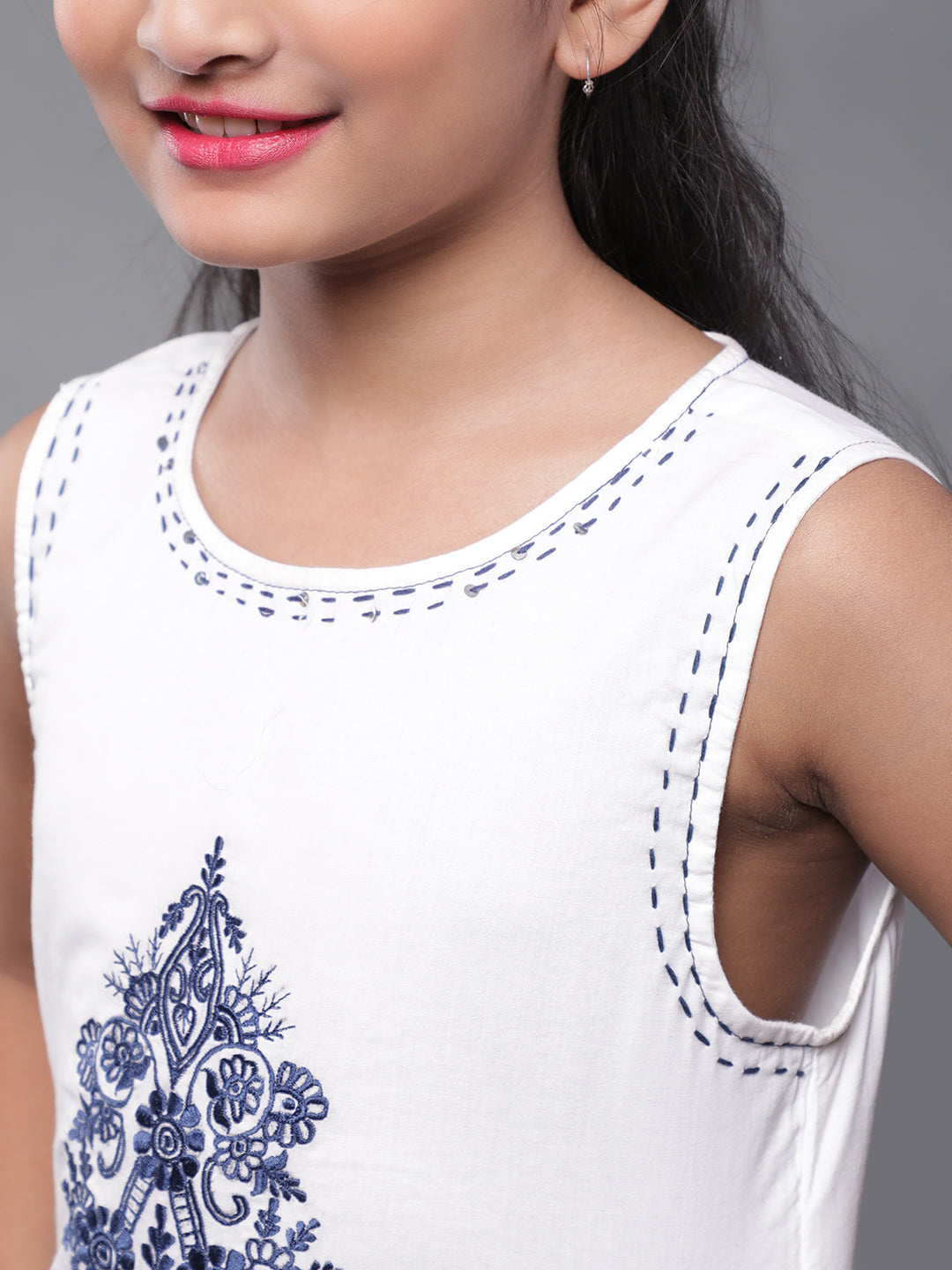 Blue & White Block Printed Skirt With Embroidered Top