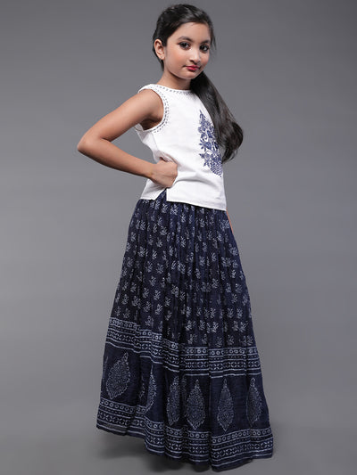 Blue & White Block Printed Skirt With Embroidered Top