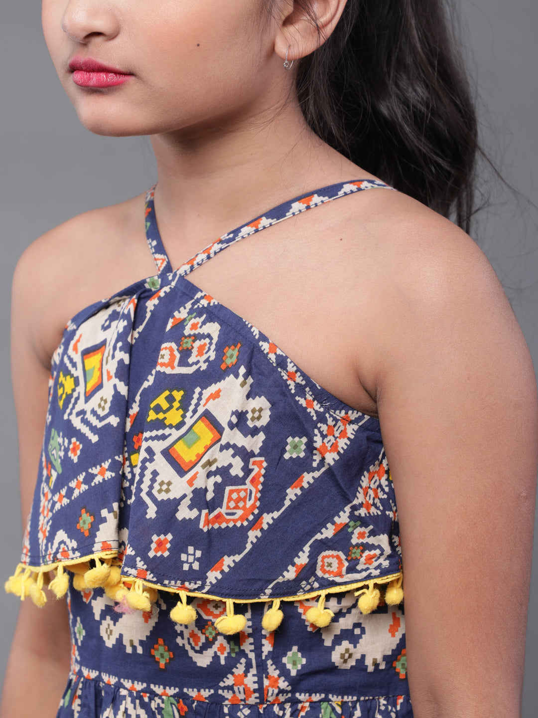 Blue Printed Mini Dress With Pom-Pom Lace