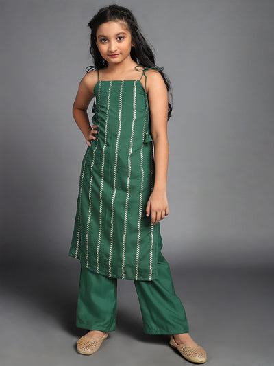 Dark Green Striped Kurta With Palazzo