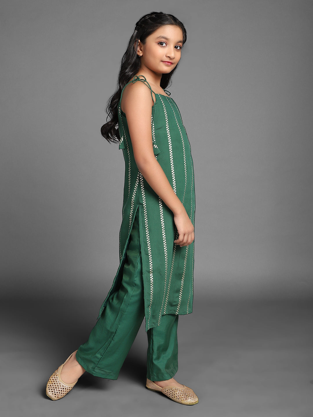 Dark Green Striped Kurta With Palazzo