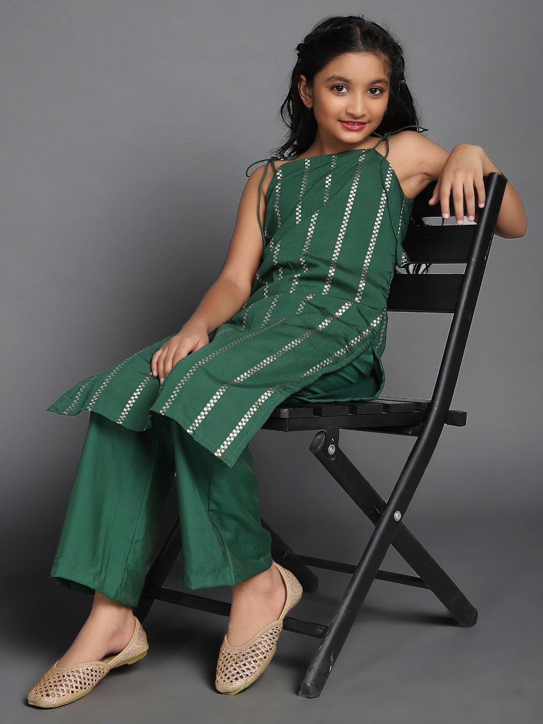 Dark Green Striped Kurta With Palazzo