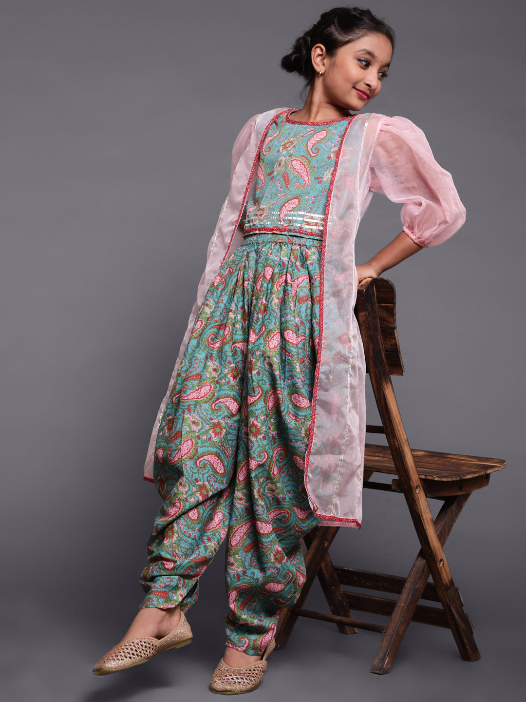 Blue & Pink Floral Print Top Dhoti With Jacket