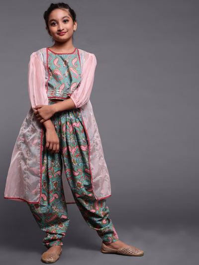 Blue & Pink Floral Print Top Dhoti With Jacket