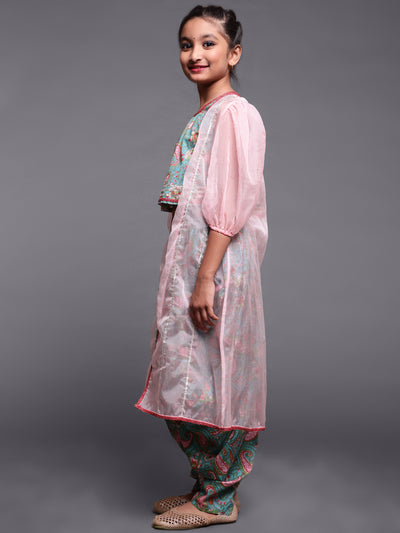 Blue & Pink Floral Print Top Dhoti With Jacket