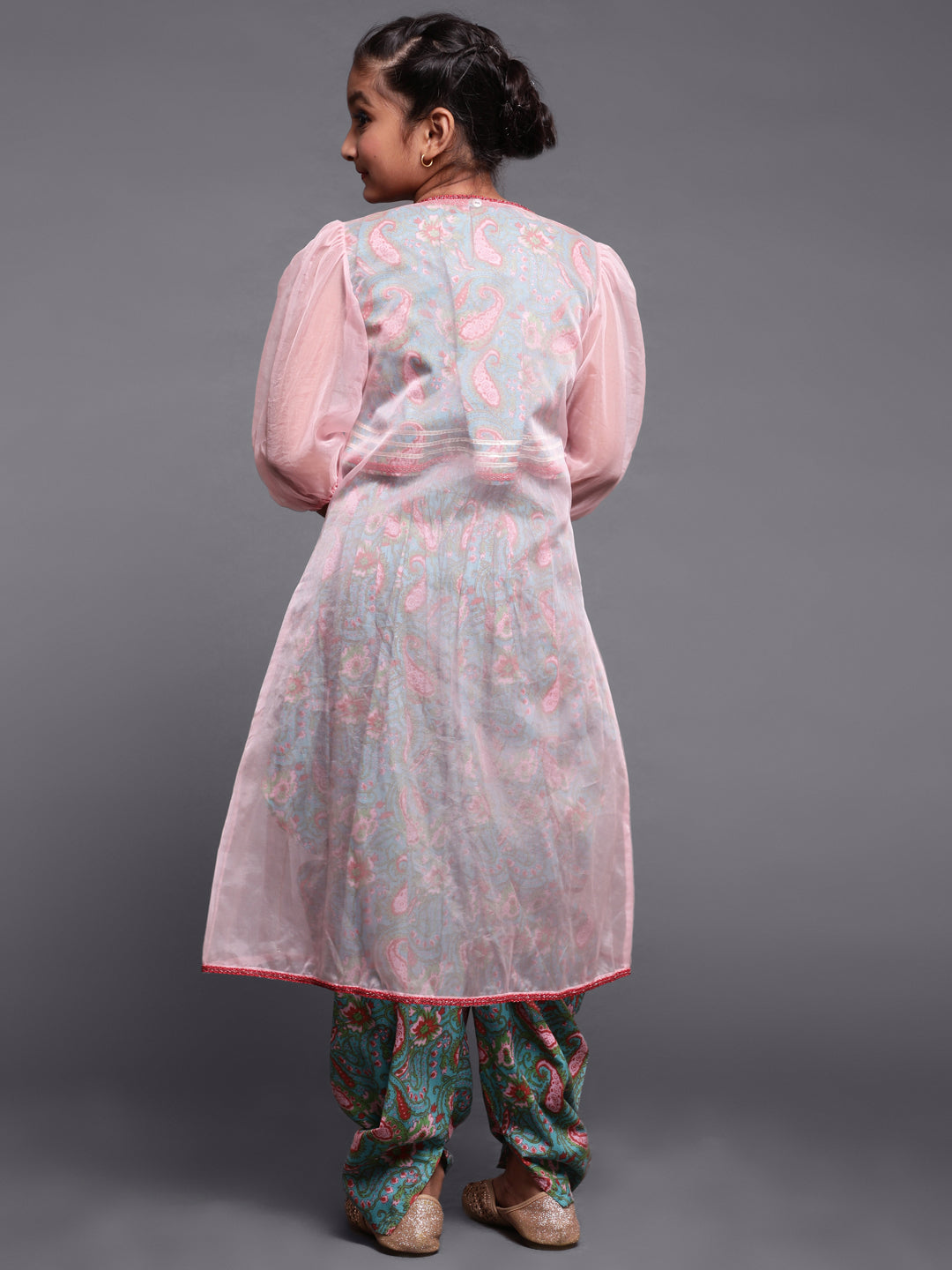 Blue & Pink Floral Print Top Dhoti With Jacket