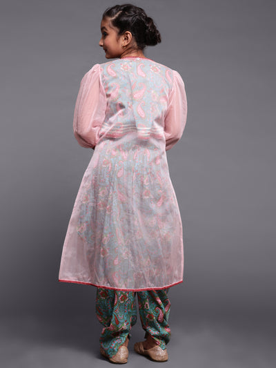 Blue & Pink Floral Print Top Dhoti With Jacket