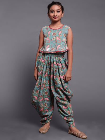 Blue & Pink Floral Print Top Dhoti With Jacket