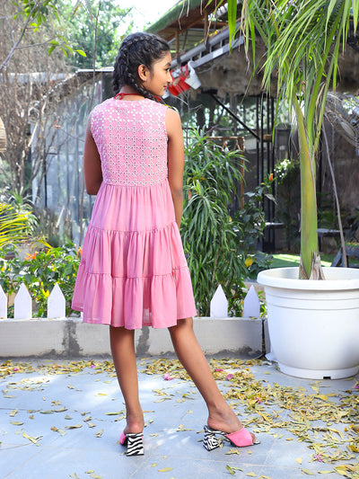 Pink georgette Sequinned tiered Dress