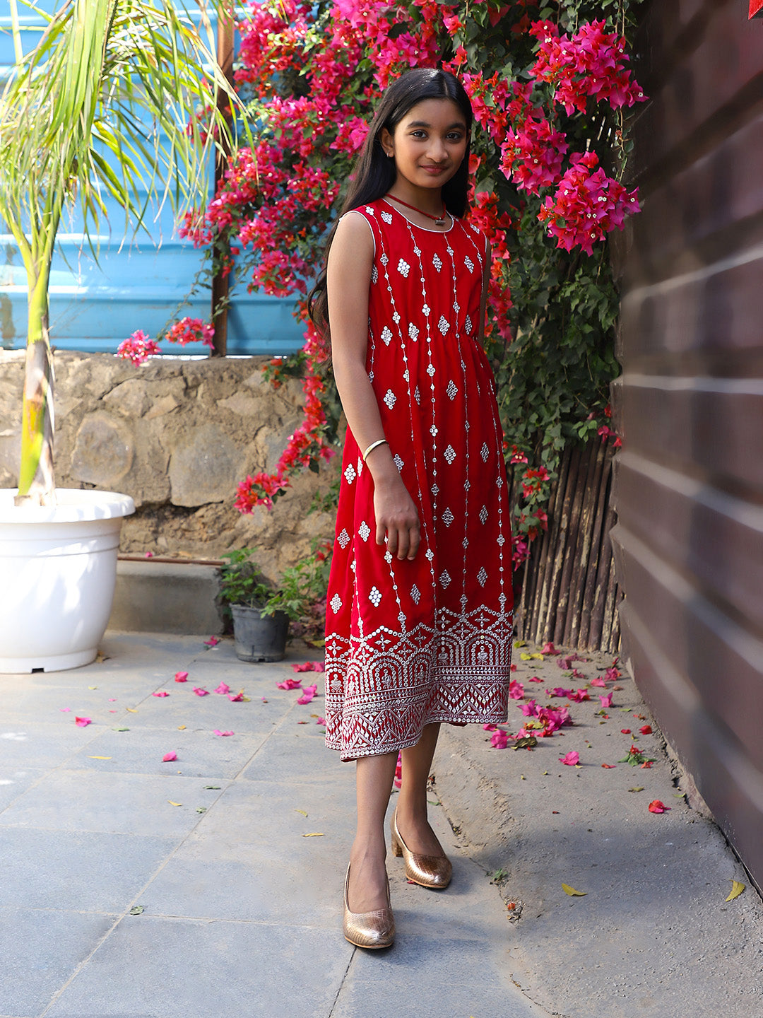 Tomato red Color embroidered Evening Dress