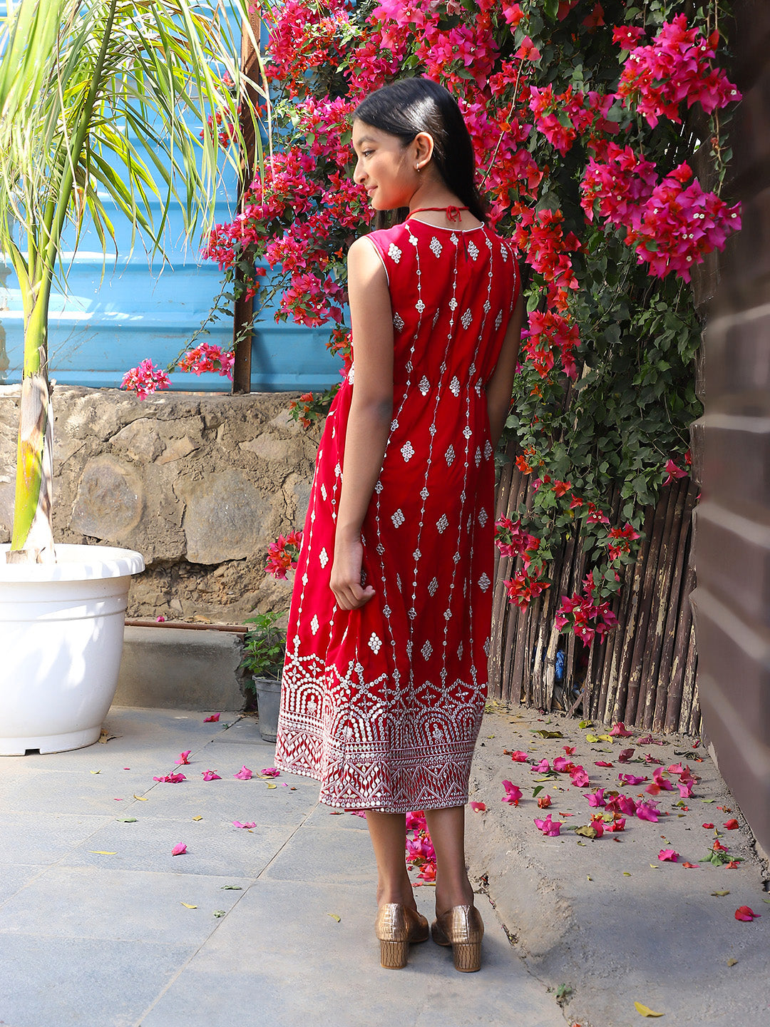 Tomato red Color embroidered Evening Dress