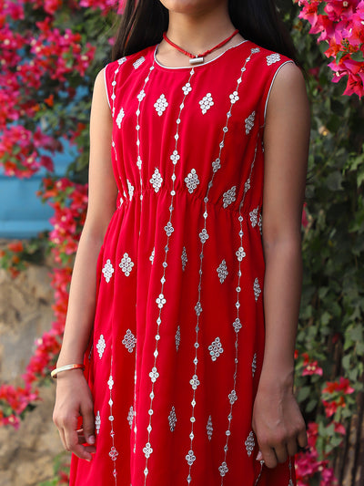 Tomato red Color embroidered Evening Dress