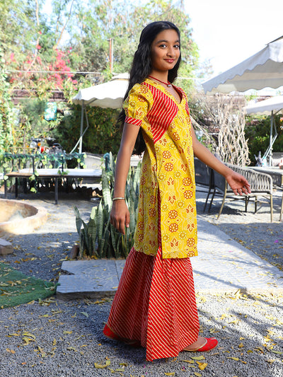 Yellow bandhani Kurta with red leheriya sharara